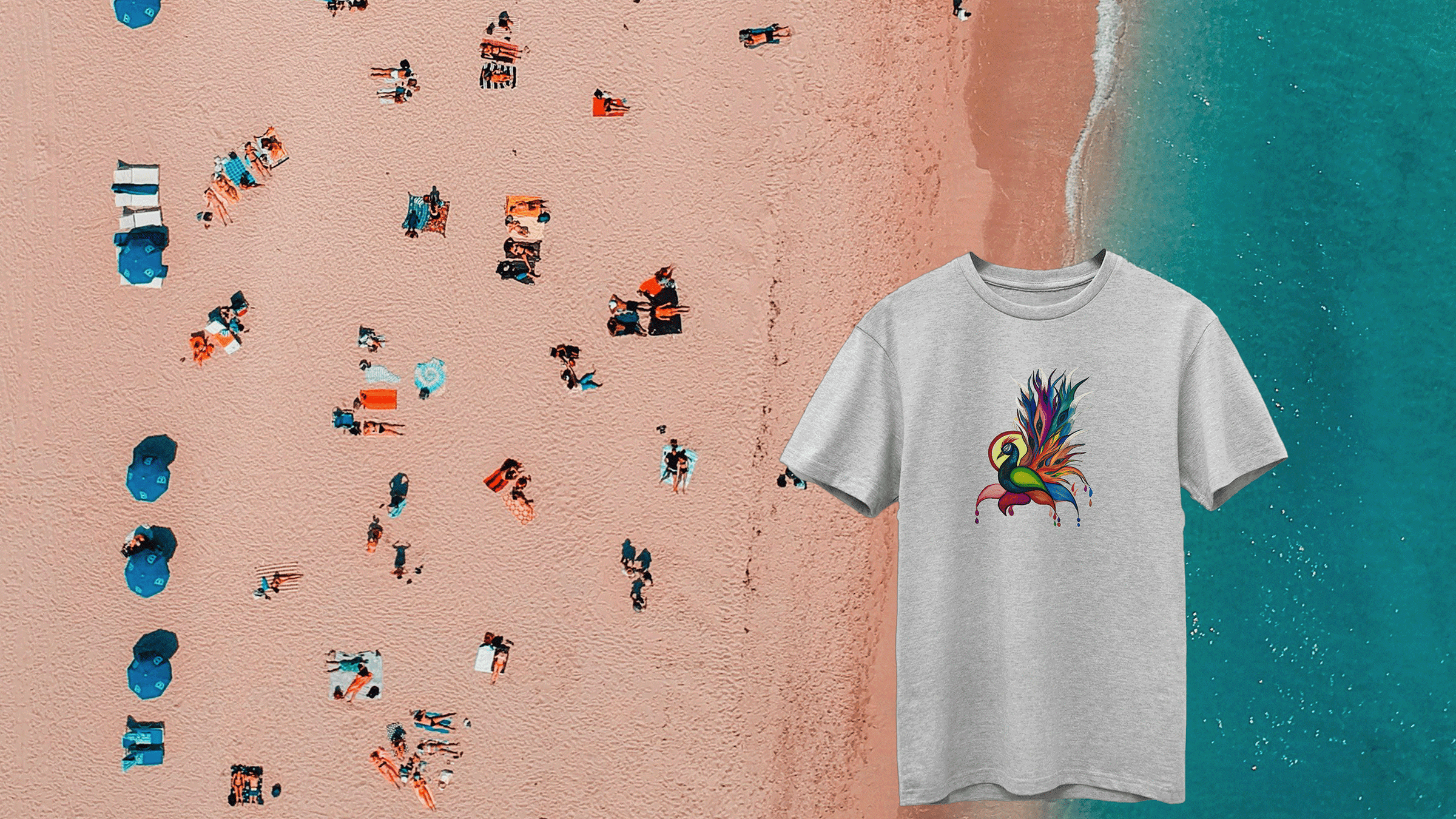 KR Summer collection banner containing peacock design Tee with beach scene as a background