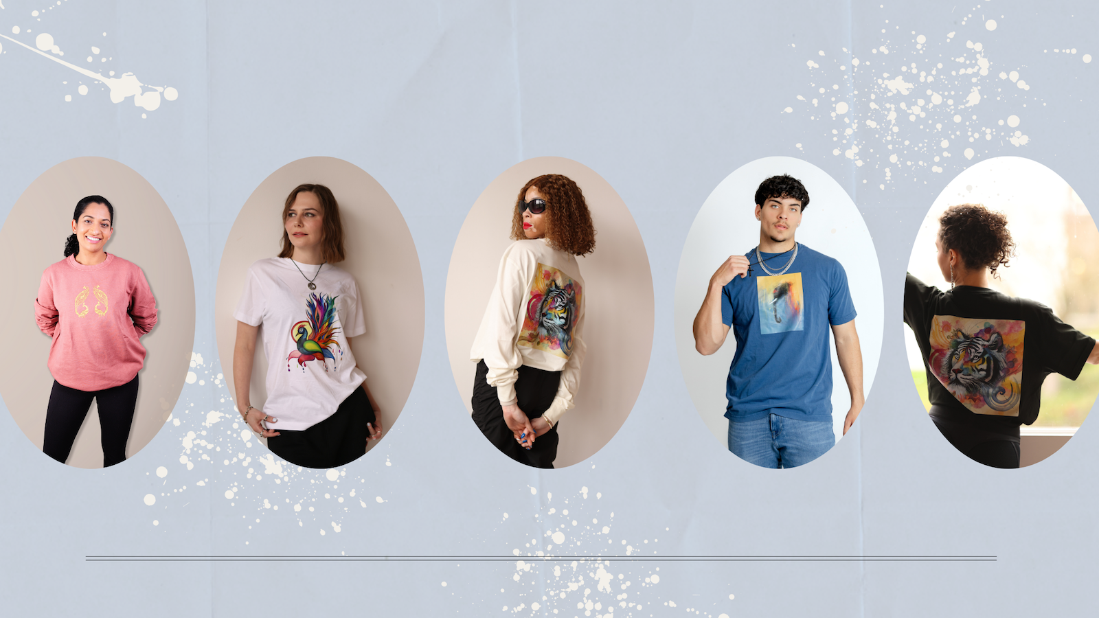 Five people wearing different t-shirts with graphic designs on a light blue background