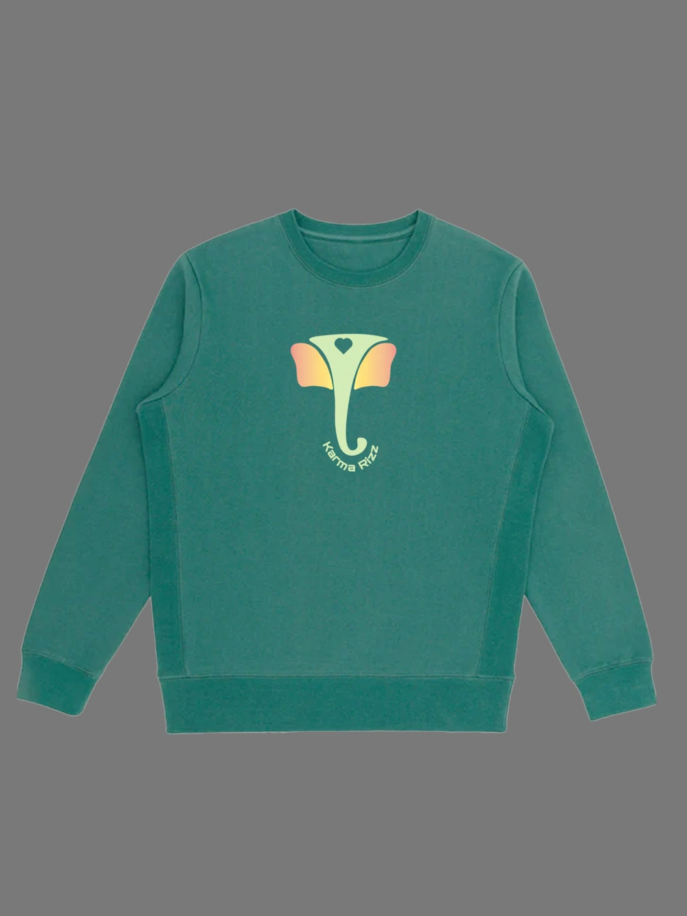 Green sweatshirt with a colorful elephant design on a gray background