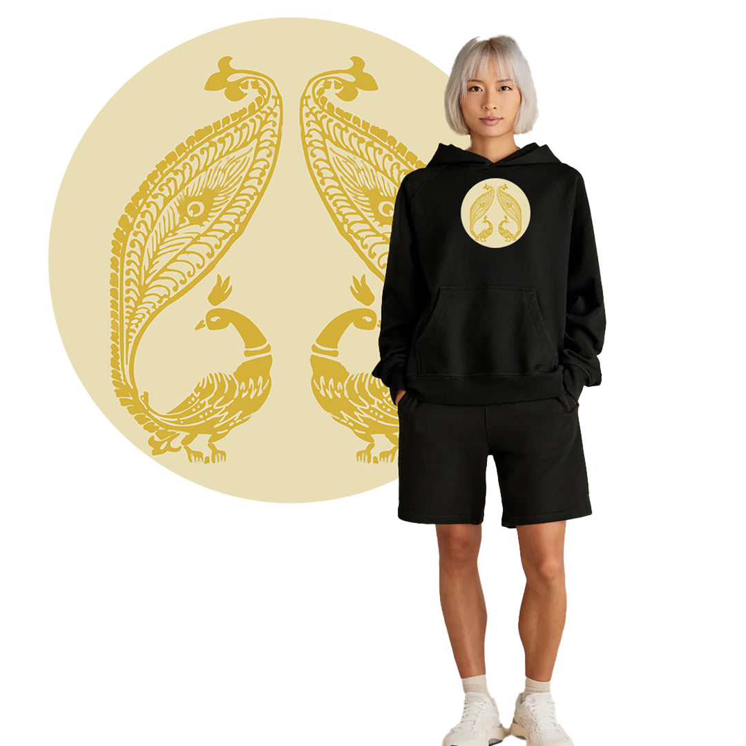 Heavyweight Black Cotton Hoodie With Peacock Design