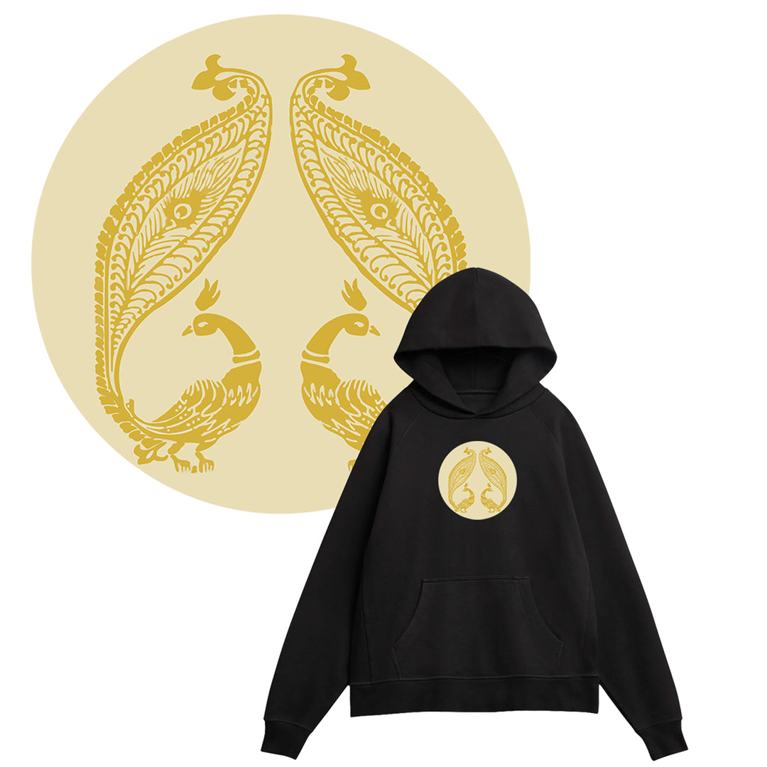 Heavyweight Black Cotton Hoodie With Peacock Design