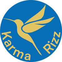 Karma Rizz logo - an abstract depiction of hummingbird in creme gold color, french blue background