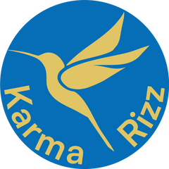 Karma Rizz logo - an abstract depiction of hummingbird in creme gold color, french blue background